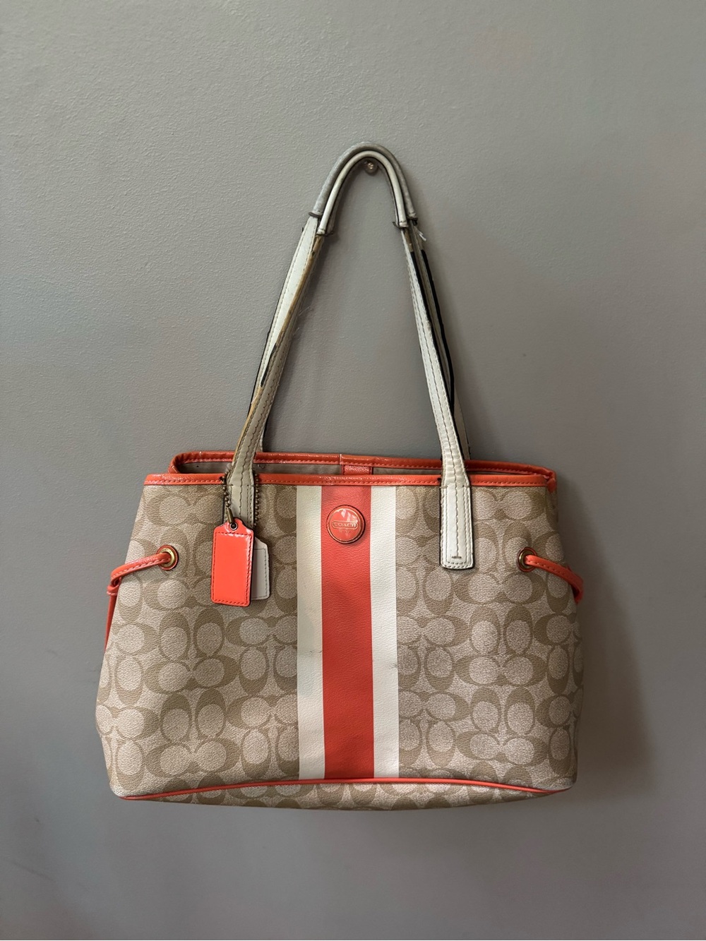 Coach Beige Canvas Tote with Coral and White Center Stripe